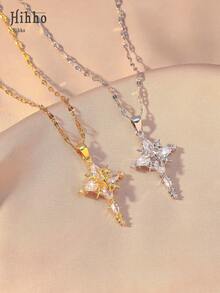 Hihho 1pc Stainless Steel Cross Pendant Necklace With 4 Star Embellished Elegant Choker For Women - Cross - View 1