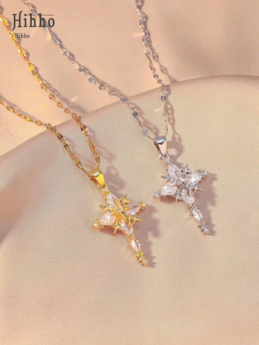 Hihho 1pc Stainless Steel Cross Pendant Necklace With 4 Star Embellished Elegant Choker For Women - Cross - View 1