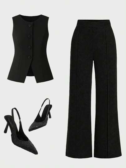 Set estivo unico per donna, top aderente senza maniche con bottoni a tinta unita + pantaloni eleganti a vita alta a gamba ampia, adatto per uso quotidiano, all'aperto, casual, per andare al lavoro