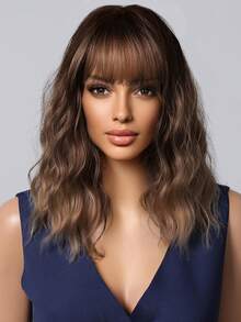Brown Ombre Short Bob Small To Medium Curls With Bangs 14-Inch Heat-Resistant Synthetic Hair For Party,Daily,Music Festival,Gatherings And Ceremonies - Brown Ombre - View 6