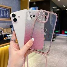 Funda para teléfono con 2 piezas de corazón con degradado de rhinestones y cordón, con protección anti-caídas para iPhone 15 16 Pro Max/14 Pro/11/12 Pro/13 Pro Max