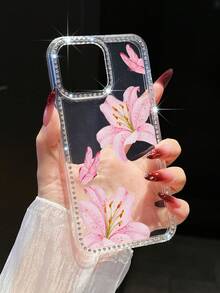 1 pieza Funda de teléfono de silicona suave transparente con estilo Ins con rhinestones, con patrón rosa Lily y mariposa, cubierta protectora brillante de pantalla completa compatible con I Max 11/12/13/1416 Pro Max/X/XXS/ XR/16E, adecuado para mujeres