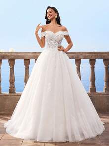 HEARBOBO 优雅别致露肩圣诞白色蕾丝贴花长款网纱A字婚纱新娘礼服 - 杏色 - 查看 7