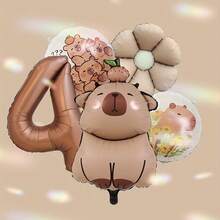 Balões grandes de alumínio em formato de capivara marrom chocolate, com números de 0 a 9, adequados para decoração de festas de aniversário com tema animal. Duráveis, à prova d'água e reutilizáveis. - Multicolorido - Ver 6
