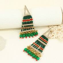 1 Pair Of Zinc Alloy Plated With 18k Gold Colored Rice Beads, Triangular Shaped Earrings, Faux Pearl Sticky Water Diamond Bohemian Style Women's Earrings, Daily Summer Beach Vacation Earrings