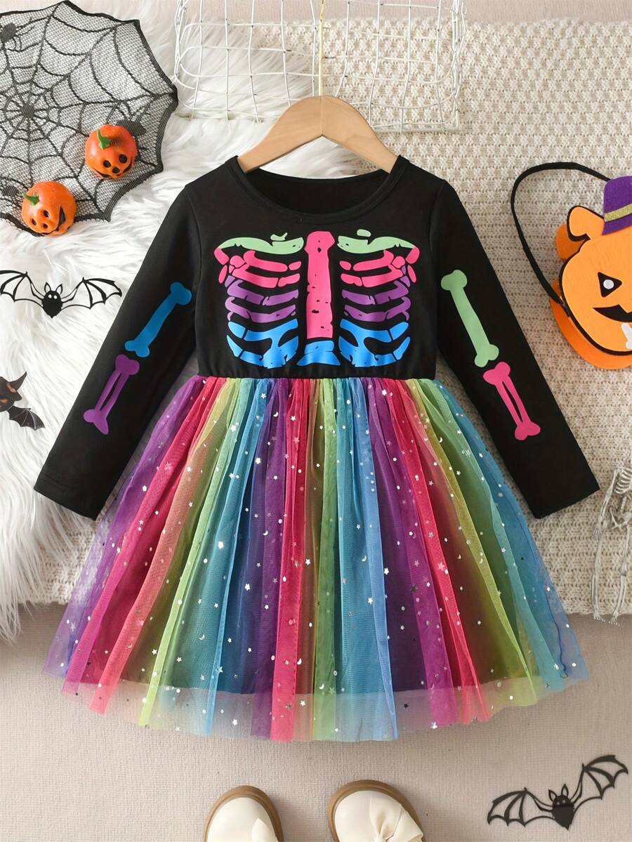 Girls' Halloween Skeleton Print Mesh Casual Dress - Black - View 1