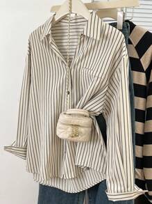 女士休闲日常纽扣长袖条纹衬衫
