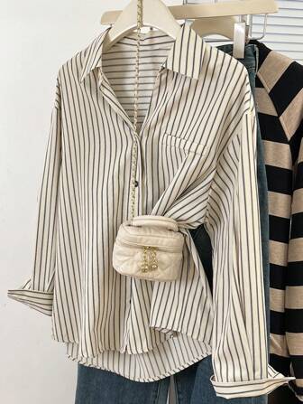 女士休闲日常纽扣长袖条纹衬衫