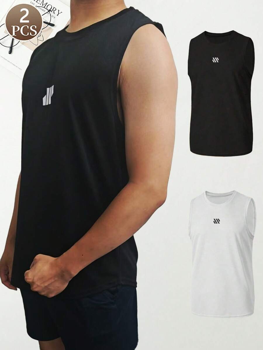 2pcs/Set Men's Solid Color Casual Sportswear Basic Knitted Fabric Loose Fit Comfortable Fashionable Undershirt Vest, Can Be Worn Outerwear - Multicolor - View 1