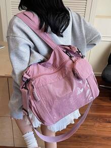 1 pieza Bolso de mujer tipo tote de nylon rosa, simple y ligero, de gran capacidad, bolso de hombro plegable, estilo universitario/escolar, con múltiples bolsillos, bolso de moda lindo con monedero.