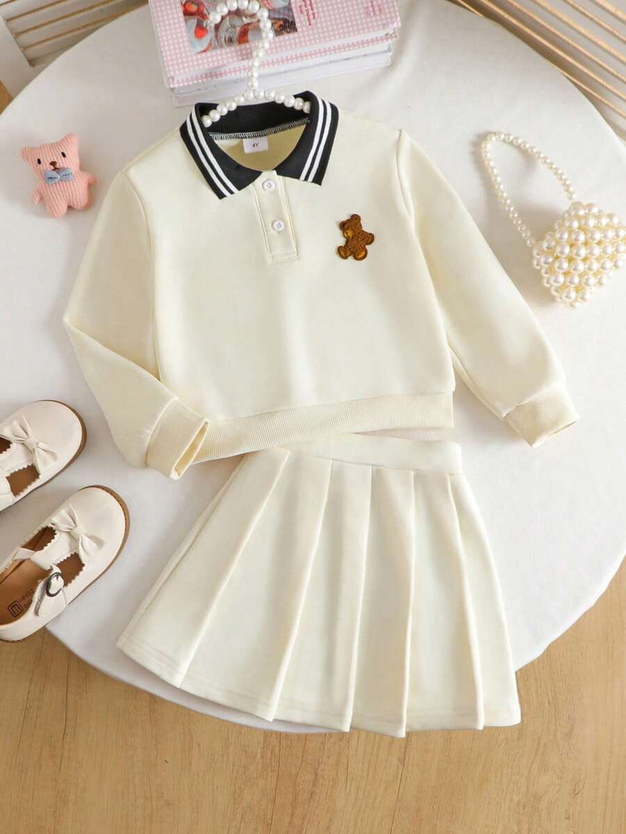 2pcs/Set Young Girl Casual Polo Collar Embroidery Top And Pleated Skirt
