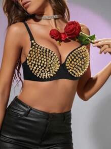 Apperloth A Camiseta corta con decoración de diamantes de imitación con diseño de toronja, tirantes ajustables tipo espagueti, sujetador entallado ajustado y sexy