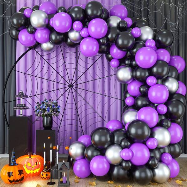 102pcs Purple, Black, Silver Latex Balloon Garland Set In Different Sizes, Suitable For Birthday Decor, Graduation Ceremonies, Anniversaries, Bathroom Decor, Halloween Party Decorations, Vampire Parties, Racing Events, And New Year Decorations.