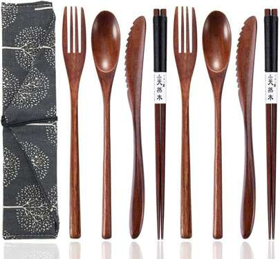 Reusable Wooden Utensils For Eating 8 Pcs Travel Wooden Spoons Forks Chopsticks Cutlery Set With Case Lunch Utensils Silverware Set For Lunch Portable Wood Flatware Set For Eating