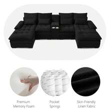 130" U-Shaped Sectional Sofa With Cup Holders, 6-Seater Modular Sleeper Couch With  & Console, Modern Luxury Convertible Sofa Set For Living Room, Apartment, Home Theater, Comfortable Upholstered Sofa Set With Double-Layer Cushion (High-Density Foam + Pocket Springs), Sleeper Couch With Durable Linen Upholstery, Sturdy Wood & Iron Frame, Home Decor - 黑色 - 查看 3