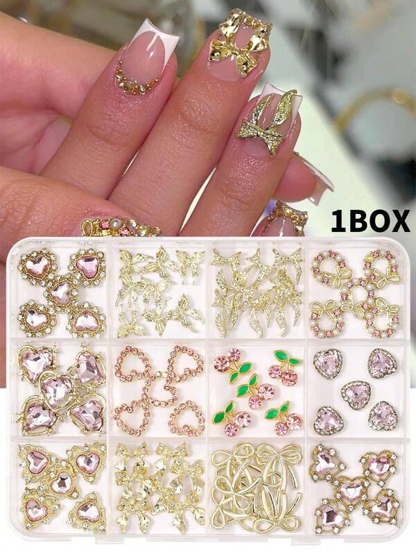 60pcs Pink Heart Nail Charms Pink Silver Luxury Alloy Charms Butterfly Cherry Planet Snake Crown For Nails 3D Pink Nail Art Rhinestones Gems Y2K Nail Jewelry Accessories For Women DIY Nail Supplies
