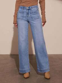Women Wide Leg Jeans, Elegant High Waist Solid Loose Trousers With Pockets Streetwear - 淺色水洗藍 - 查看 5