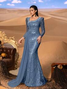 Faeriesty Đầm dạ hội dáng đuôi cá đính sequin cổ vuông thanh lịch dành cho nữ – Tay dài có cấu trúc, đuôi váy lệch vai và kiểu dáng trumpet ôm sát, thích hợp cho các buổi lễ trao giải, đám cưới sang trọng, sự kiện thảm đỏ và tiệc gala trang trọng mùa xuân. - Màu xanh bụi bặm - Xem 7