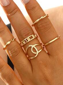 3/5/10 Pcs Set Of Starfish, Seashell, Heart, Knot, Chain, Geometric, Round, Teardrop, Plain Solid Band Rings, Fashion, Simple, Elegant, Vintage Design, Suitable For Holiday, Party, Date, Gift, Daily Wear
