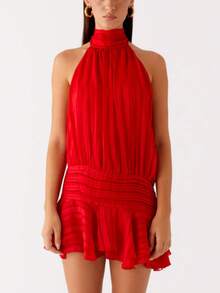 Women Pleated Halter Mini Dress Sleeveless Off The Shoulder Open Back Layered Ruffle Hem Bodycon Short Dress Summer Backless Ruced Tiered A-Line Going Out Dresses Party Club Beach Cute Dress