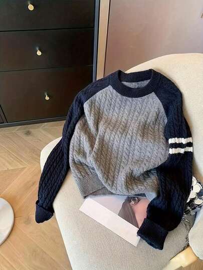 Pull texturé en tricot avec manches raglan, blocs de couleurs, ample, doux et douillet