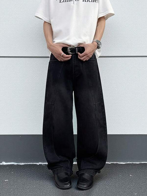 GlobeSwift Men's Patchwork Scimitar Black Straight-Leg Casual Street Pants