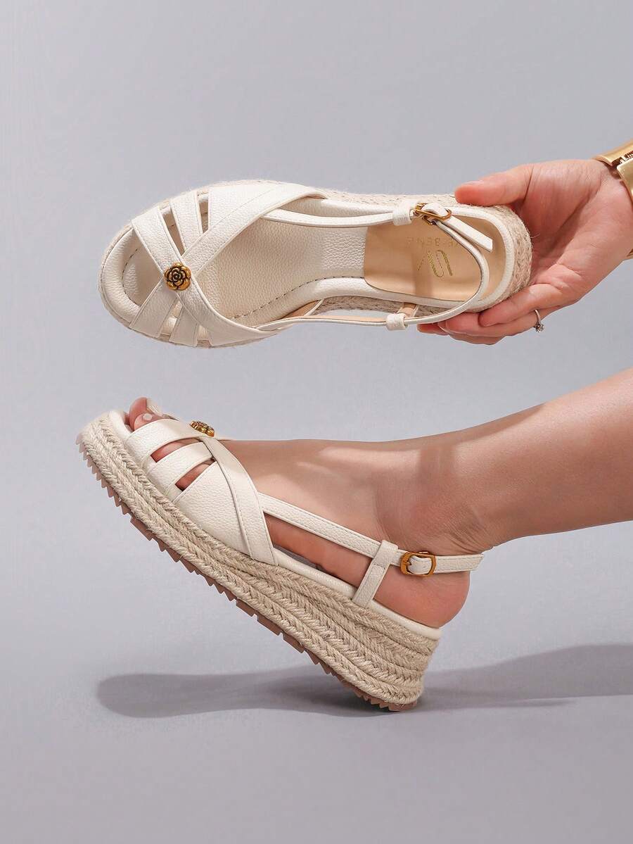 Hemp Rope Wedge Platform Flat Sandals With Buckle Accent, Summer Holiday Casual Backstrap Thick Bottom Slide Sandals, Daily Fashion Women Shoes - Beige - View 1
