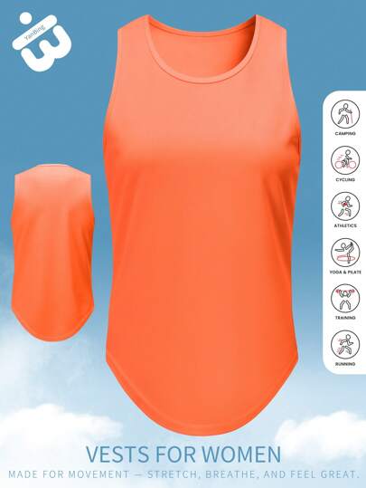 Regata esportiva feminina laranja com corte largo nos ombros e bainha arredondada, proporcionando um estilo vibrante, ideal para caminhadas, sessões de ginástica e aulas em grupo.