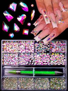 Juego de 12 rejillas con diamantes de cristal 3D brillantes de colores mixtos para decoración de uñas, accesorios de joyería de moda para decoración de uñas, accesorios de decoración para diseño de uñas de fiesta y baile