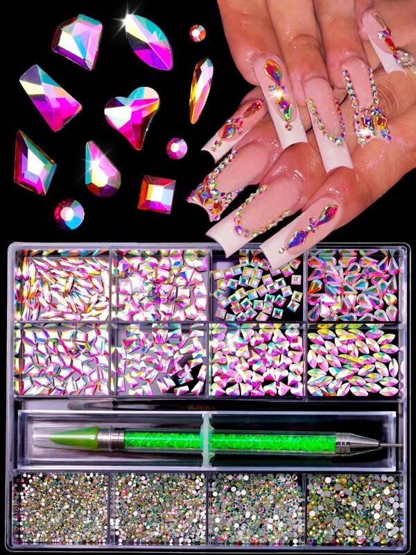 Conjunto de 12 rejillas Híbridas Dazzling Ab Diamond Crystal 3D Nail Art Decoration Rhinestone Embellishment Pen Set, accesorios decorativos para diseño de uñas de moda, joyería, fiestas y festivales