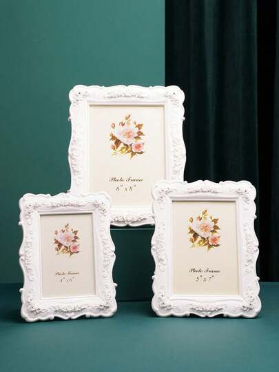 Rose Relief Photo Frame, White Plastic Poster Display Stand, Used For Home Decoration Gifts, Birthday Graduation Photos, As Well As Christmas And Halloween Decoration 1Pc (Photo Paper Randomly Shipped)