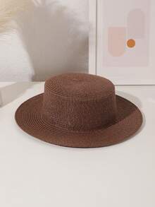 1pc Women's Solid Color Flat Top Small Brim Sun Hat, Simple & Versatile Straw Hat Suitable For Beach Vacation Photoshoots - Solid Color - View 22