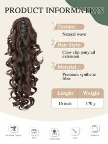 Extensión de cola de caballo de 16 pulgadas con pinza garra, extensión de cabello natural y sintético rizado y ondulado, accesorio de cabello para uso diario de mujeres