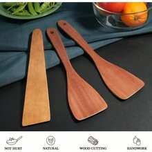 FG-Soup Spoons3cs Wooden Las, 12inch Long Handle Flat La Set Nonstick Ans, Multiuse Wooden Soons O, Wood O Utensil Frying, Fliing, Scing, And Rningdinnerware Gold Spoon