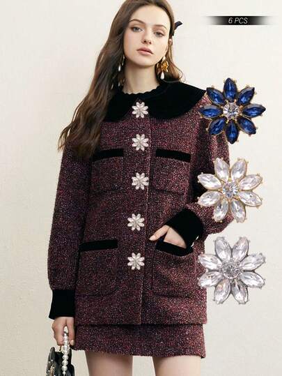 6 أزرار معدنية مطلية بالذهب من الزجاج البلوري الأنيق، بألوان أزرق سماوي غامق، أزرق نيلي وشفاف مقطع، مناسبة للمعاطف المخملية والبدل والفساتين والأعمال اليدوية والهدايا والإكسسوارات الموضة، أزرار بنقوش زهرية، مصنوعة بدقة