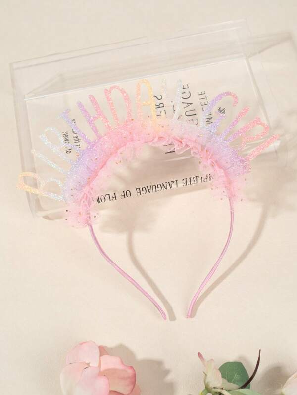 1pc Beige Tulle Happy Birthday Headband,Hot Stamping Birthday Party Costume Headdress With Glitter Star Decor,Happy New Year Party Supplies,Photo Props Headwear