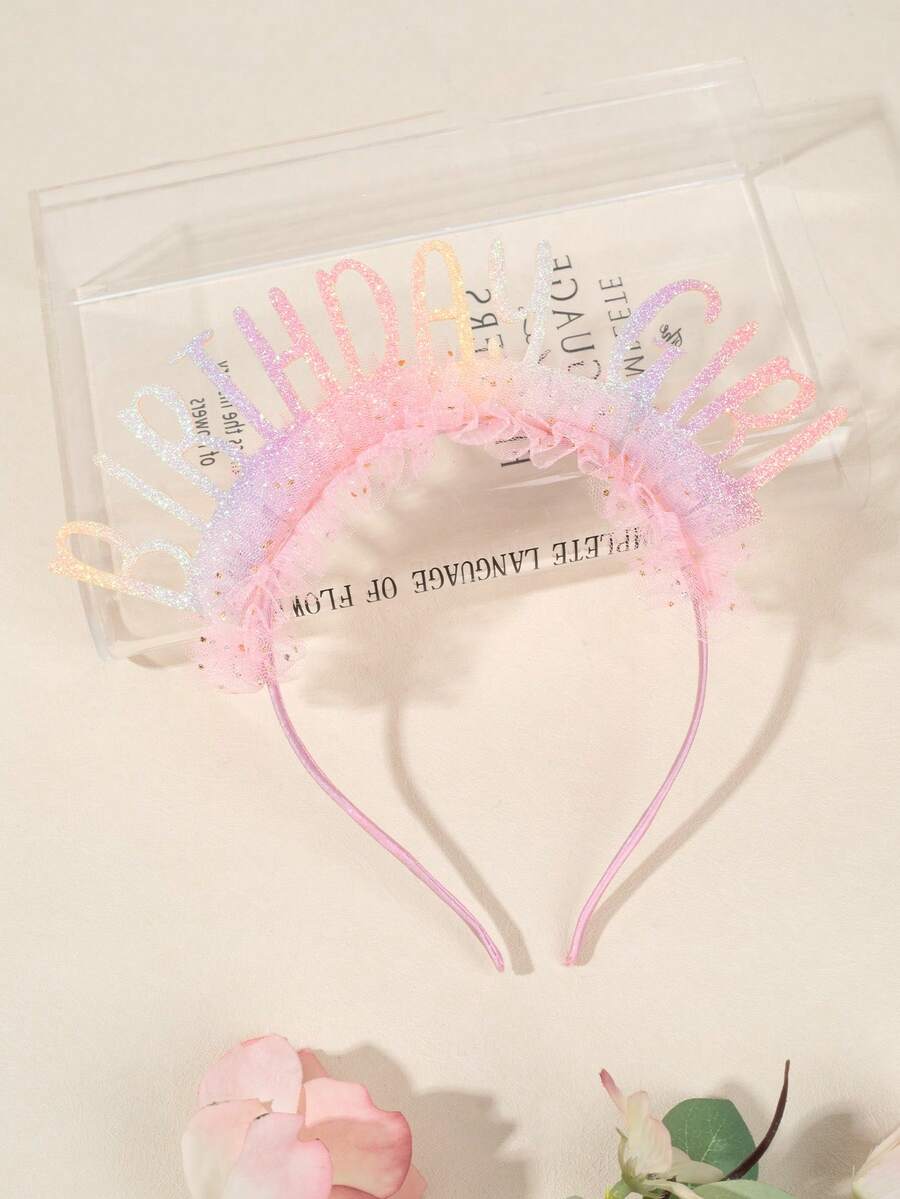 1 件米色薄纱生日快乐头带，烫印生日派对服装头饰，带闪光星星装饰，新年快乐派对用品，摄影道具头饰 - 粉紅色 - 查看 1