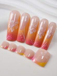 48pcs/Set Square Press-On False Nails With Floral French Tip Design, Including Jelly Glue And Nail File, Suitable For All Women, Perfect Accessory For Daily Wear To Add Charm To Your Fingertips. Nail Supplies - Multicolor - View 4