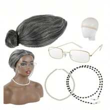 5Pcs Women's Wig COS GRANDMA Short Curly Hair GRANDPA Middle-Aged And Elderly Sketch Dressing Set, Grandmother Role-Playing Set, Interesting Elderly Woman Dressing Set Wearing Wig Hat, Pearl Necklace, Glasses Chain, Realistic Grandmother Costume Wig, Elderly Woman Costume Set Halloween Costume Party Elderly Woman Wig, Stage Performance Costume, Party Decoration Photography Props, Perfect For Giving To Family And Friends