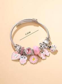 1 pieza Brazalete de mujer de acero inoxidable con cuentas, con colgantes de flor, lazo y mariquita, de moda