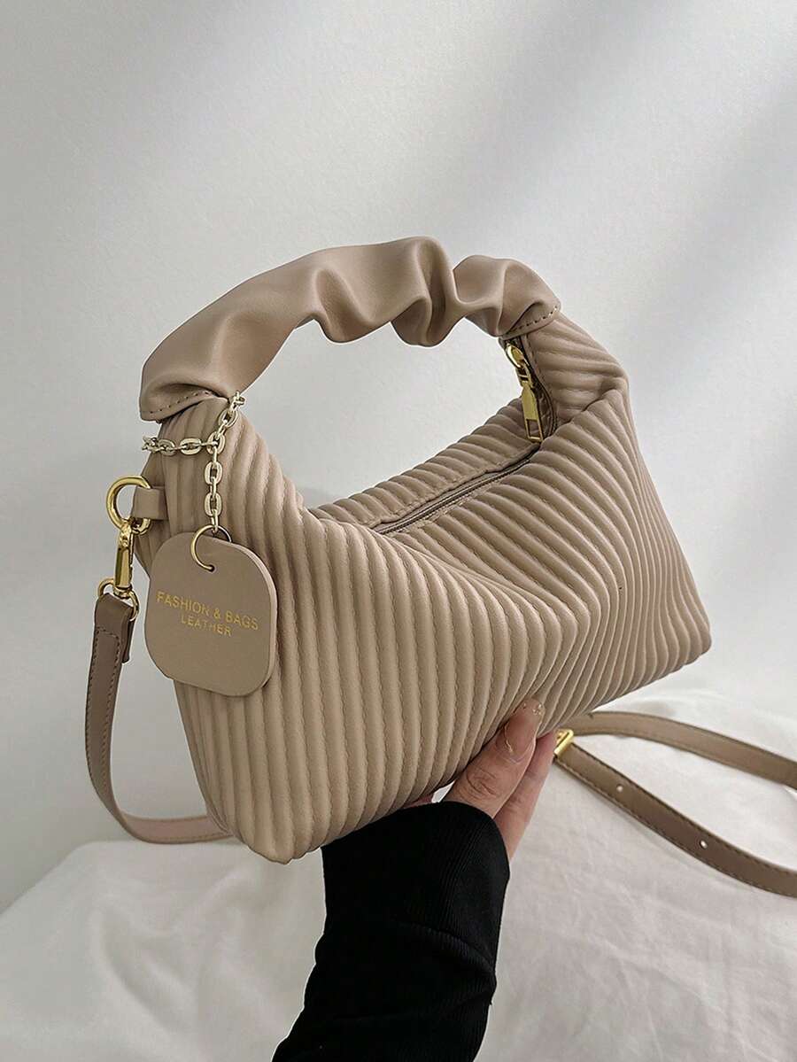 时尚简约褶皱编织 PU 拉链手提包，迷你便携式斜挎包，适合女性购物、约会、派对、送礼 - 卡其色 - 查看 1