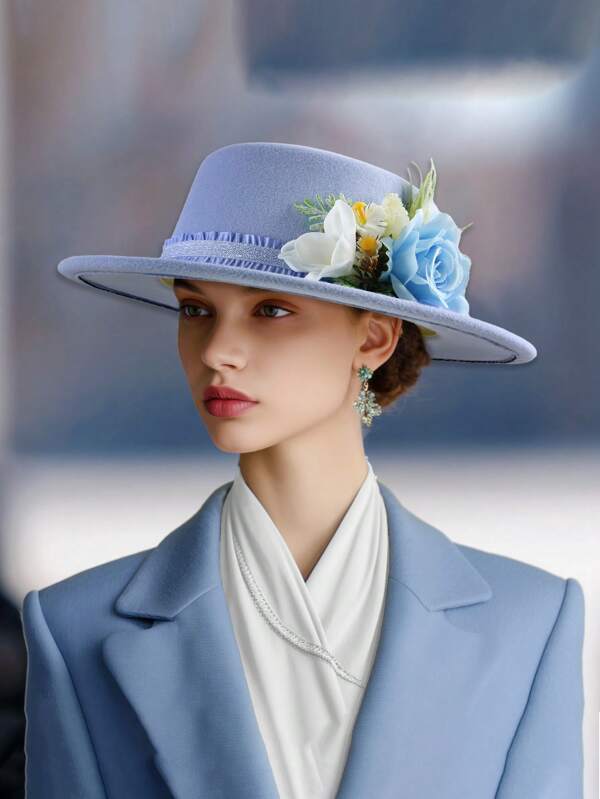 1pc Classic Small Flat Top Hat Women's Fashion Blue Rose Cowboy Hat Suitable For Wedding Dinner Party