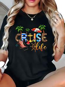 Plus Size Women CRUISE LIFE Graphic Tee Soft Stretchy Round Neck Short Sleeve Vibrant Summer Beach Vacation Print Machine Washable Ideal For Spring Summer Size L-3XL 4XL 5XL - 黑色 - 查看 2
