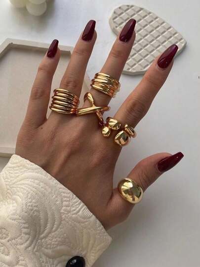 6 قطع خواتم شرائح معدنية سميكة هندسية غير متماثلة على شكل قطرات مياه، للنساء كإكسسوارات حفلات وأنشطة يومية، هدية عيد