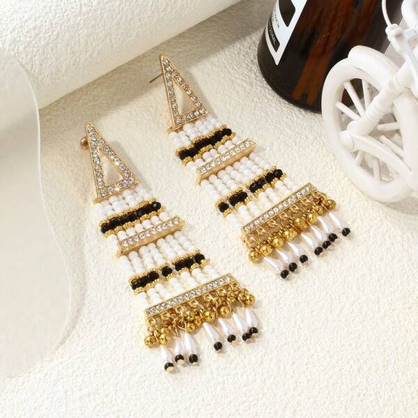 1 Pair Of Zinc Alloy Plated With 18k Gold Colored Rice Beads, Triangular Shaped Earrings, Faux Pearl Sticky Water Diamond Bohemian Style Women's Earrings, Daily Summer Beach Vacation Earrings