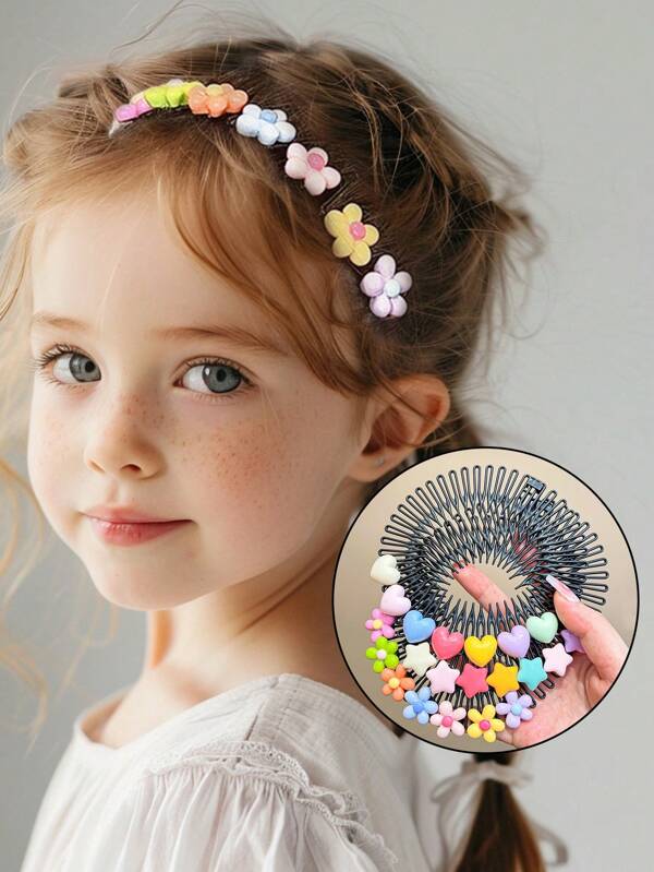 3pcs/Set Girls Cute Colorful Floral Hearts Stars Wavy Hair Clips, Suitable For Daily, School, Outing, Party, Performance, Prom, Fashion Decorative Hair Accessories, Random Color