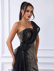 DELLA COUTURE Elegant Luxury Black Evening Gown One-Shoulder Opulent Beaded Mesh Sequin Mermaid Formal Party Dress Vintage Sophisticated Party Romantic Sexy Heavy-Work Organza Sequin Patchwork Formal Dinner Gown Long Evening Gown - Black - View 7