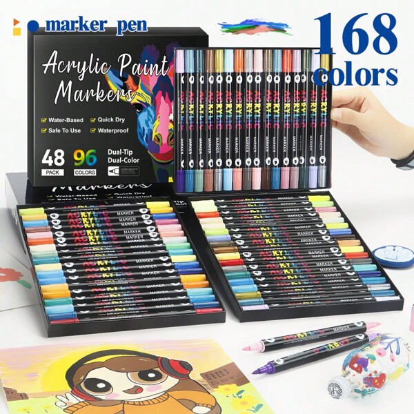 1 pieza Bolígrafo marcador de doble punta, bolígrafo de pincel Acrylic para pintura de vidrio, colores apilables, uso profesional de estudiantes, marcadores de punta de cepillo suave, impermeables y lavables. Ideal para dibujar y colorear, regalos de vuelta a la escuela