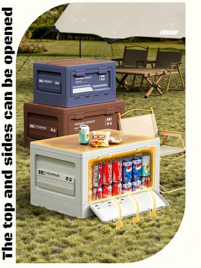 户外露营储物箱带木盖，侧开折叠箱，多用途，可放入汽车后备箱、摊位展示、园艺用品、泳池配件