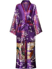 DandyChic Women's Long Floral Satin Robes Imitation Silk Sleepwear Bridal Dressing Gown For Bridesmaid Nightgownhalloween - 櫻花紫 - 查看 1